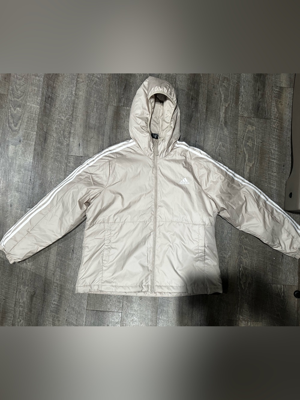 adidas Hooded Puffer Jacket in Beige with White Stripes